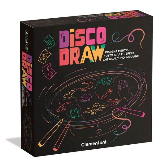 Clementoni - Disco Draw, Gioco da Tavolo Party Game a Tema Disegno con Lavagna Girevole e Sfide Creative, Perfetto per le Serate fra Amici, Lingua Italiana, 16704